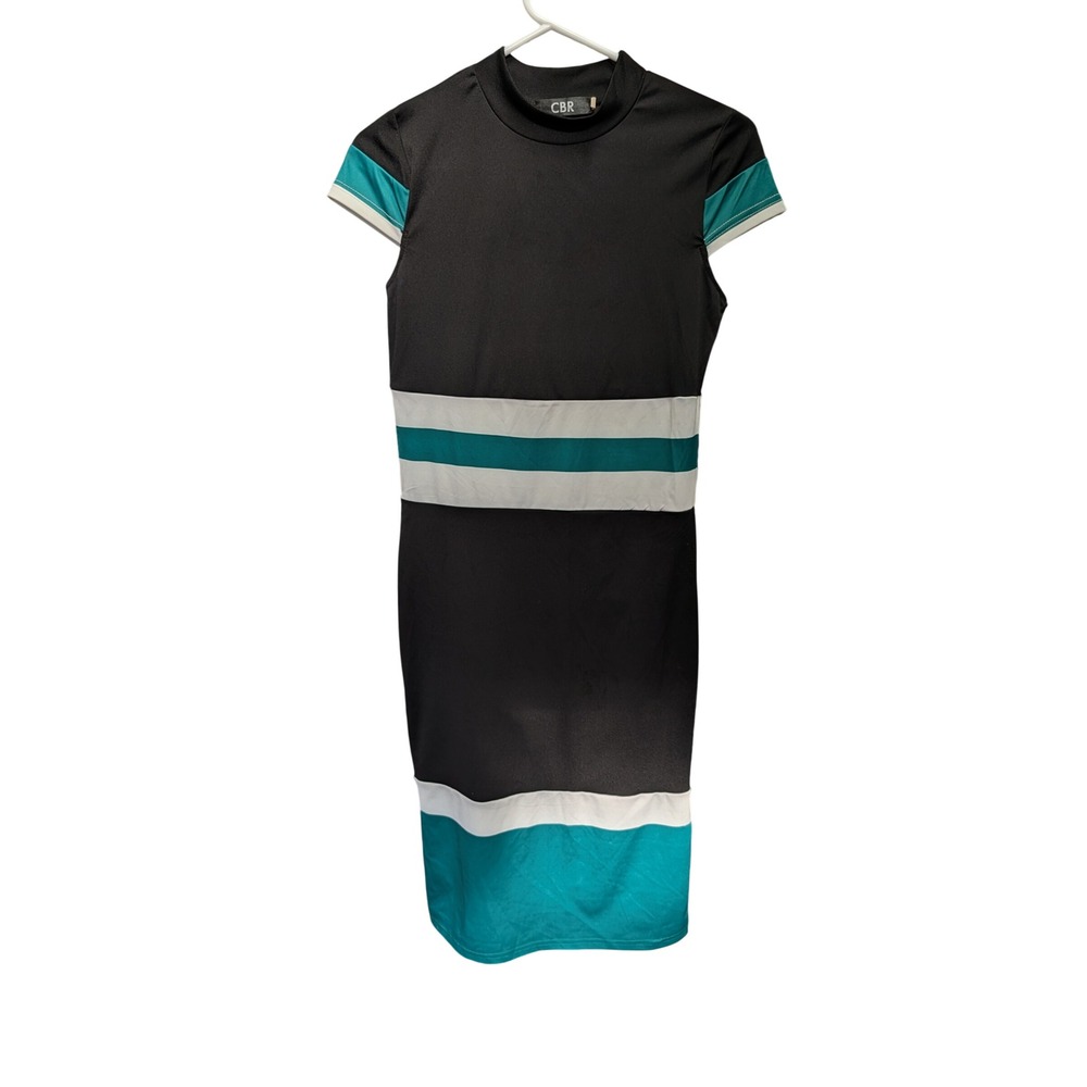 CBR Bodycon Dress Women Large Black Teal White Excellent Colorblock Mock Neck